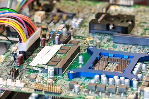 Electronic circuit board chips processor. Green PCB Component. Stock Photos