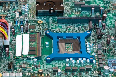 Electronic circuit board chips processor. Green PCB Component. Stock Photos