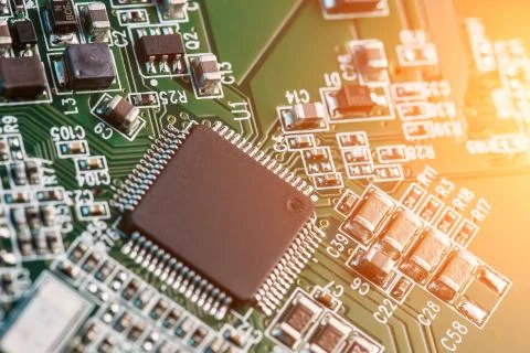 Electronic circuit board close up. Processor, chips and capacitors. 스톡 사진