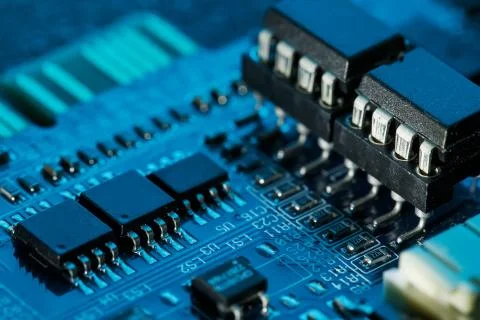 Electronic circuit board close up. Processor, chips and capacitors. 스톡 사진