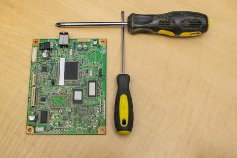 Electronic circuit, a board with electronic components and a microprocessor Stock Photos