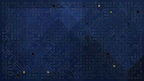 Electronic circuit board pattern with multiple golden lines, nodes, and traces Stock Footage 319927838