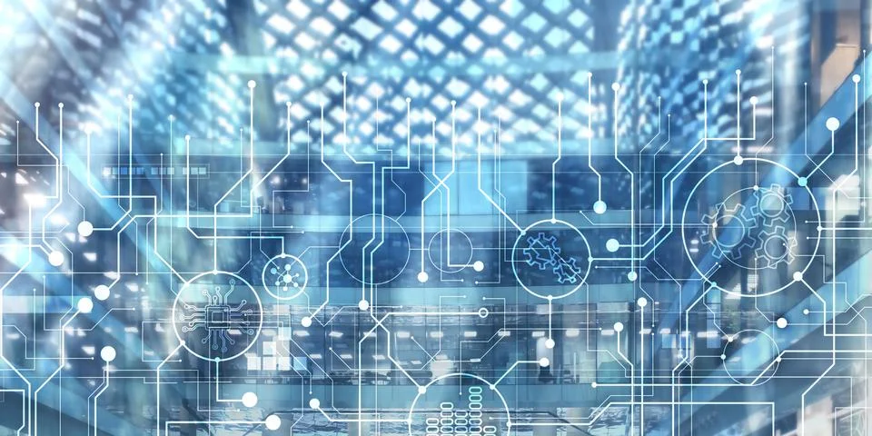 Electronic circuit board processor and gears on abstract. Unique background for Foto stock