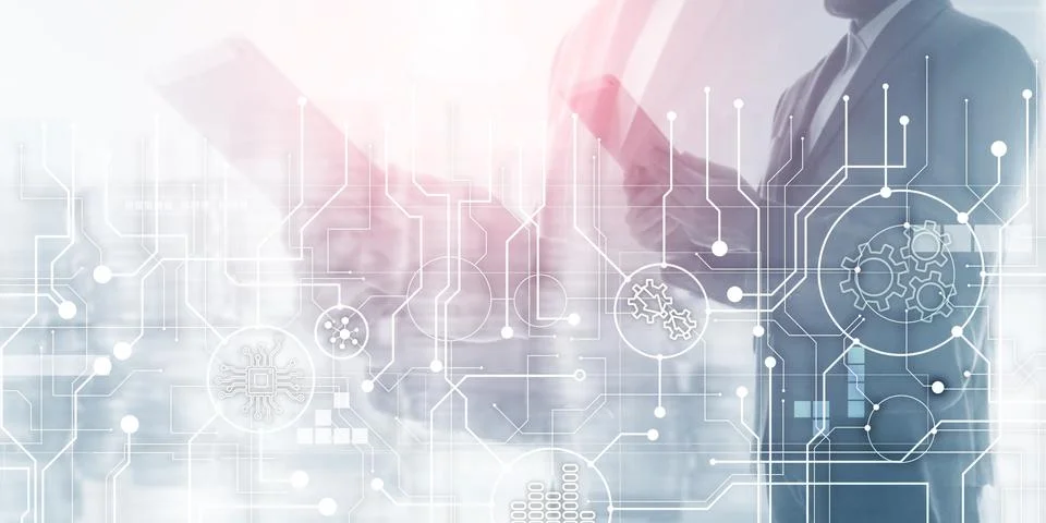 Electronic circuit board processor and gears on abstract business background. Stock Photos
