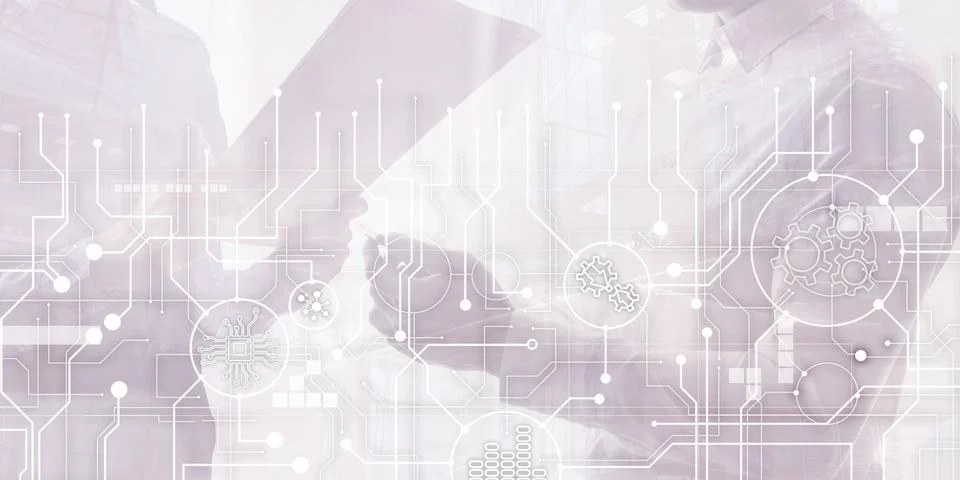 Electronic circuit board processor and gears on abstract business background. Foto stock