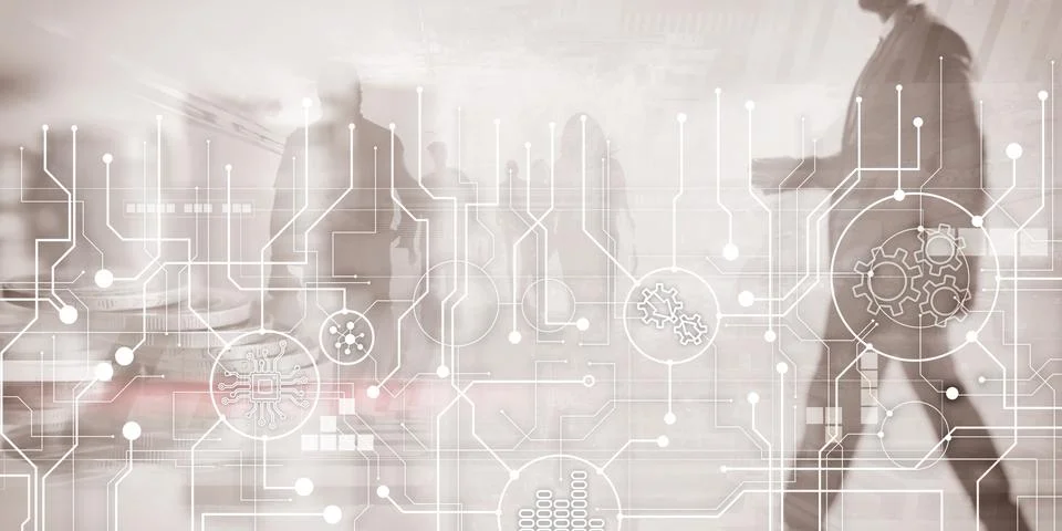 Electronic circuit board processor and gears on abstract business background Foto stock