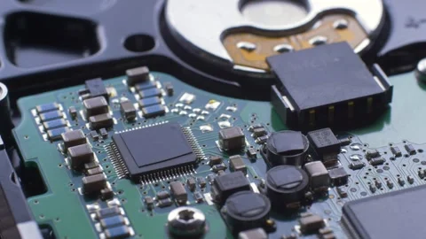 Electronic circuit board with processor, chips and capacitors Stock Footage 311364994
