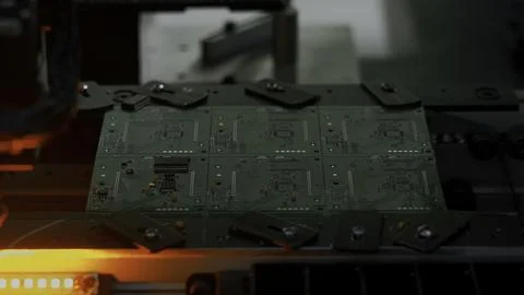 Electronic circuit board with processor, chips and capacitors. Creative. Tech Foto stock