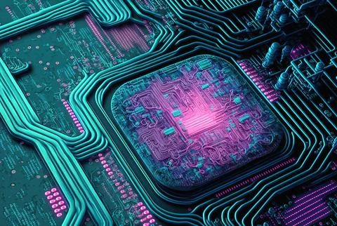 Electronic circuit board with processor, comuter motherboard, close-up Stock Illustration