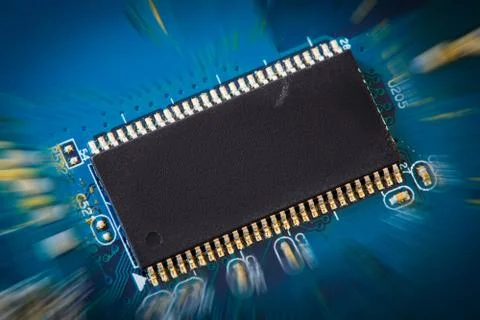 Electronic circuit board with processor with zoom effect to give impression o Stock Photos