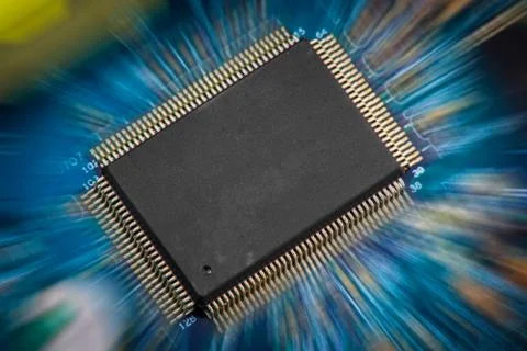 Electronic circuit board with processor with zoom effect to give impression o Stock Photos