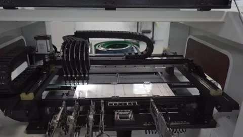 Electronic circuit board production. While board moving through Assembly Line. E Stock Footage 233035673