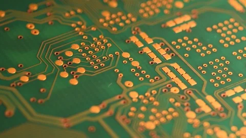 Electronic circuit board in rotation. Macro detail of printed electronic board. Stockbeeldmateriaal 101098065