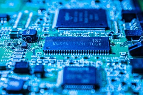 Electronic circuit board showing microchips and components Stock Photos