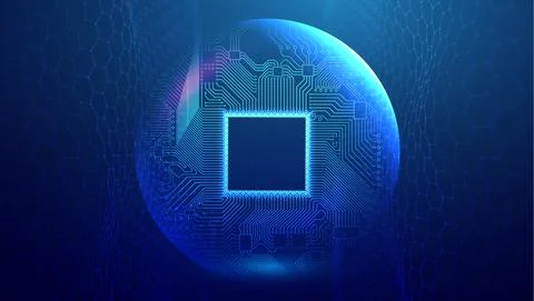 Electronic circuit board in sphere shield. Blue technology network vector Illustrazione stock