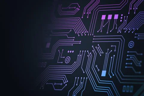 Electronic circuit board technology background with blue and pink digital lin Stock Photos
