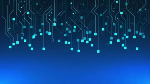 Electronic circuit board technology concept on dark blue background. Illustrazione stock
