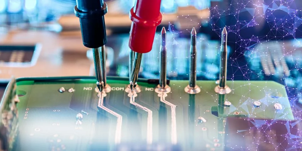 Electronic Circuit Board Testing with Multimeter Probes and Digital Network O Stock-Fotos