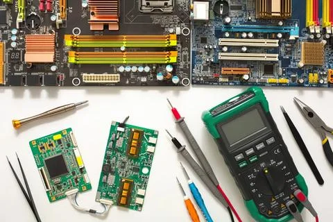 Electronic circuit boards and tools on white background Stock Photos