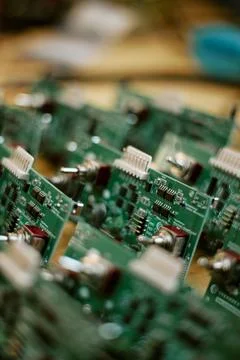 Electronic Circuit Boards Assembled in Hardware Manufacturing Facility Stock Photos