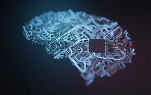 Electronic circuit of brain shape. Artificial intelligence concept. 3D render Stock Photos