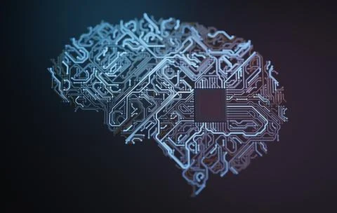Electronic circuit of brain shape. Artificial intelligence concept. 3D render 스톡 사진