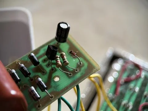 Electronic circuit with cable and resistor on blurred background Stock Photos