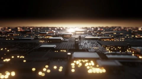 Electronic circuit camera moving forward golden futuristic Stock Footage 220319795