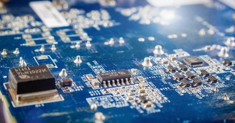 Electronic circuit chip PCB board with components. 스톡 사진