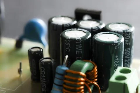 Electronic circuit closeup. LED light circuit board with capacitors and ele.. Stock Photos