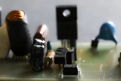 Electronic circuit closeup. LED light circuit board with capacitors and ele.. 库存照片