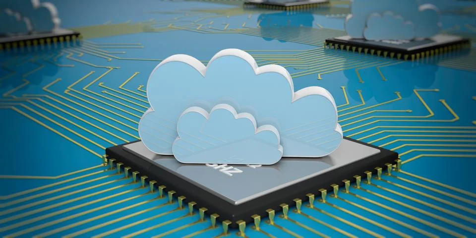 Electronic circuit cpu processor blue background cloud Stock Illustration