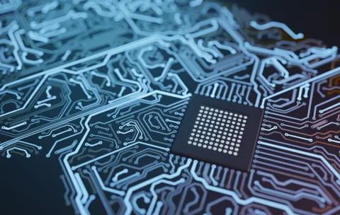 Electronic circuit with microchip. 3D rendered illustration. Fotos de archivo