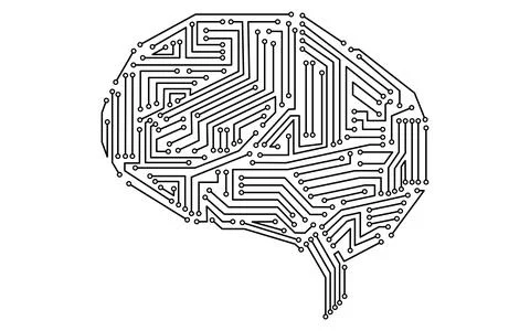 An electronic circuit in the shape of a brain with an image of black and white 库存插图