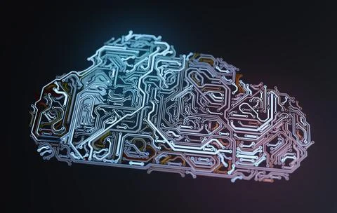 Electronic circuit in shape of cloud. Network and storage concept. 3D rendere 写真素材