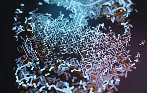 Electronic circuit in shape of a human face. Artificial intelligence concept. Stock Photos