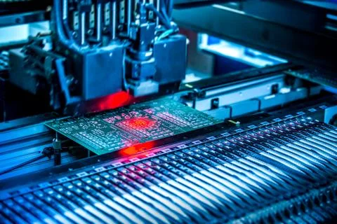 Electronic circuit under surface-mounting machine. Stockfoto's