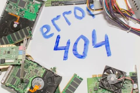Electronic circuitry on a white background, top view, inscription error 404 库存照片