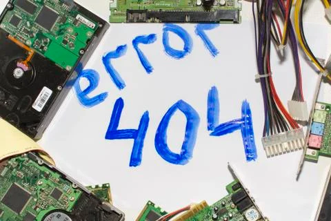 Electronic circuitry on a white background, top view, inscription error 404 스톡 사진
