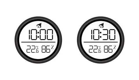 Electronic clock and hygrometer devices with circular black frames showing time Stock Illustration