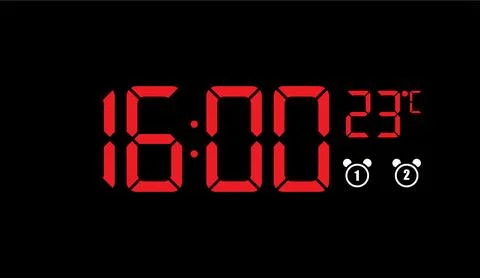 Electronic clock display with bright red digital numbers showing time and Stock Illustration