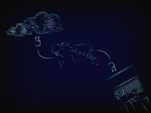 Electronic cloud connected to global network and laptop Illustrazione stock