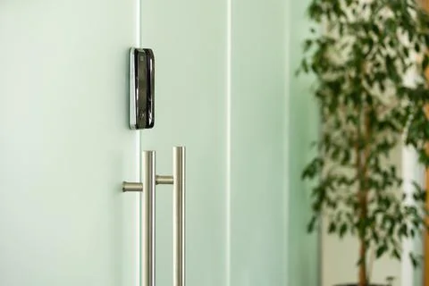 Electronic Code Entry. glass door, hand, intercom Stock Photos