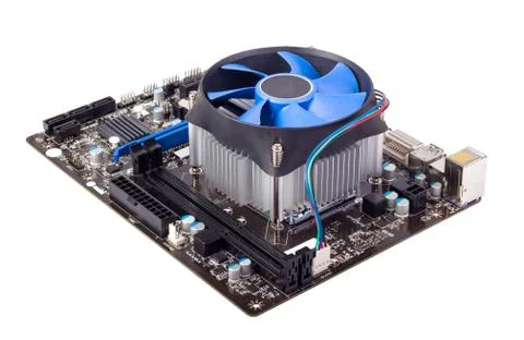 Electronic collection - computer motherboard with cpu cooler Stock Photos
