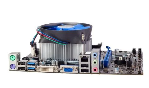 Electronic collection - computer motherboard with cpu cooler Stock Photos