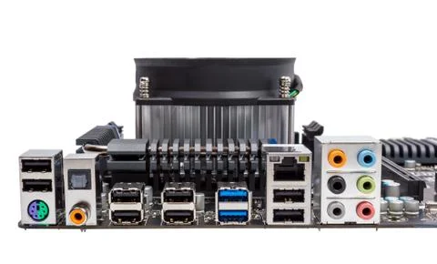 Electronic collection - Computer motherboard with CPU cooler Stock Photos
