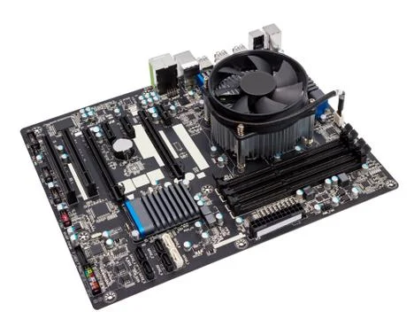 Electronic collection - Computer motherboard with CPU cooler Stock Photos