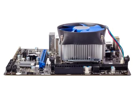 Electronic collection - Computer motherboard with CPU cooler Stock Photos