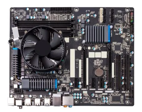 Electronic collection - Computer motherboard with CPU cooler Stock Photos