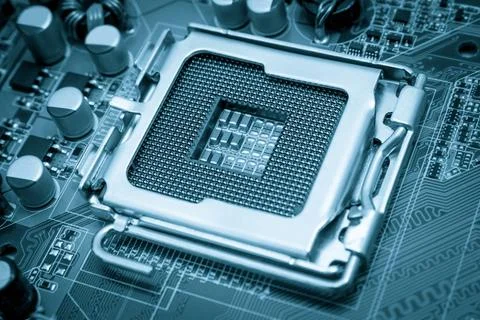 Electronic collection - Empty CPU socket toned blue Empty CPU processor so... Stock Photos
